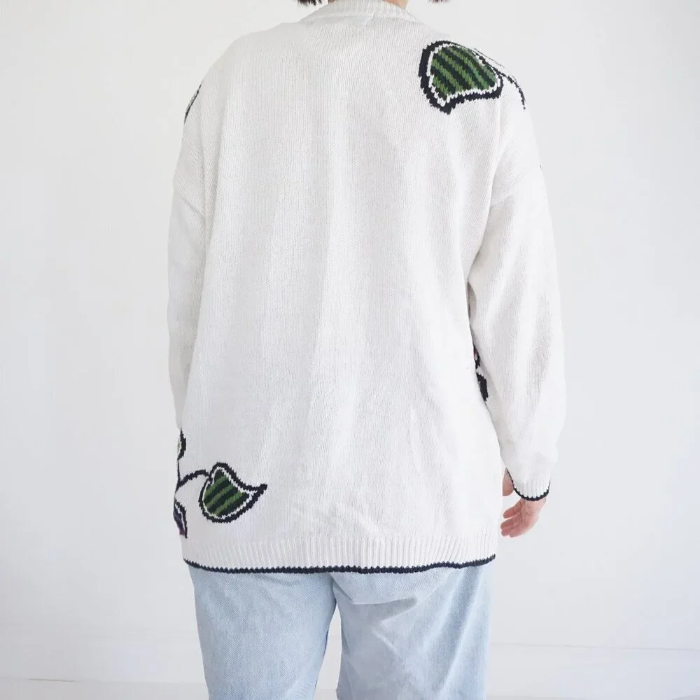 Vintage Herman Geist White Cotton Cardigan Floral Embroidered Grandmacore M - Picture 2 of 11